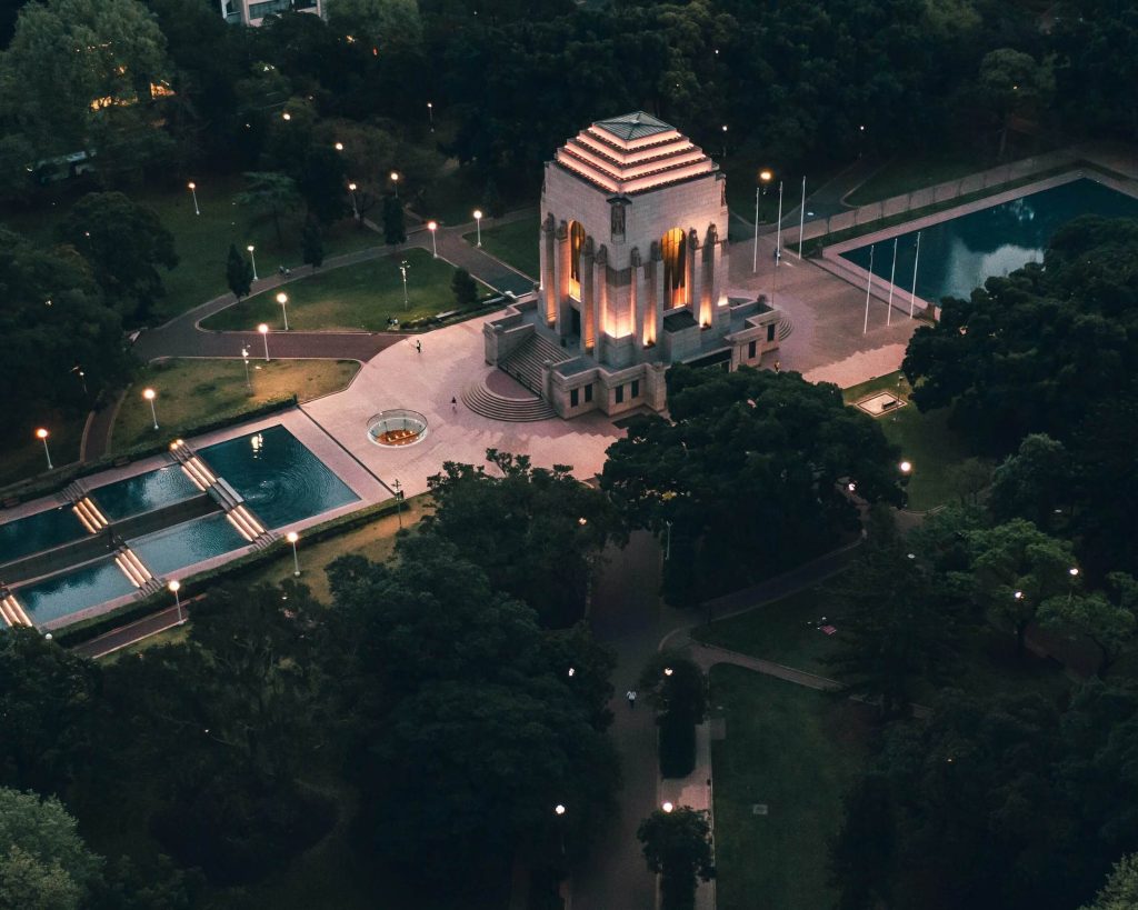 Aerial photo of Hyde Park in Sydney CBD in the evening