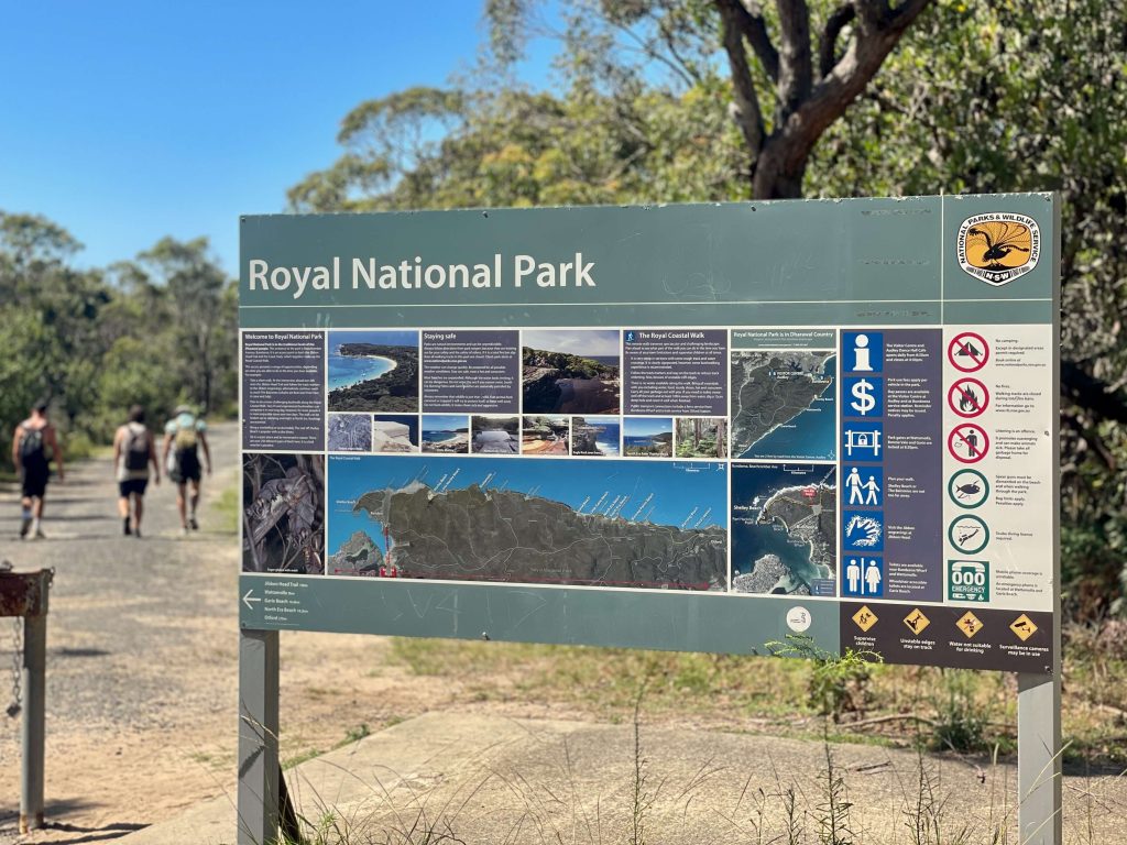 Jibbon Track in Royal National Park Sign at the entrance to Royal National Park near Beachcomber Ave in Bundeana
