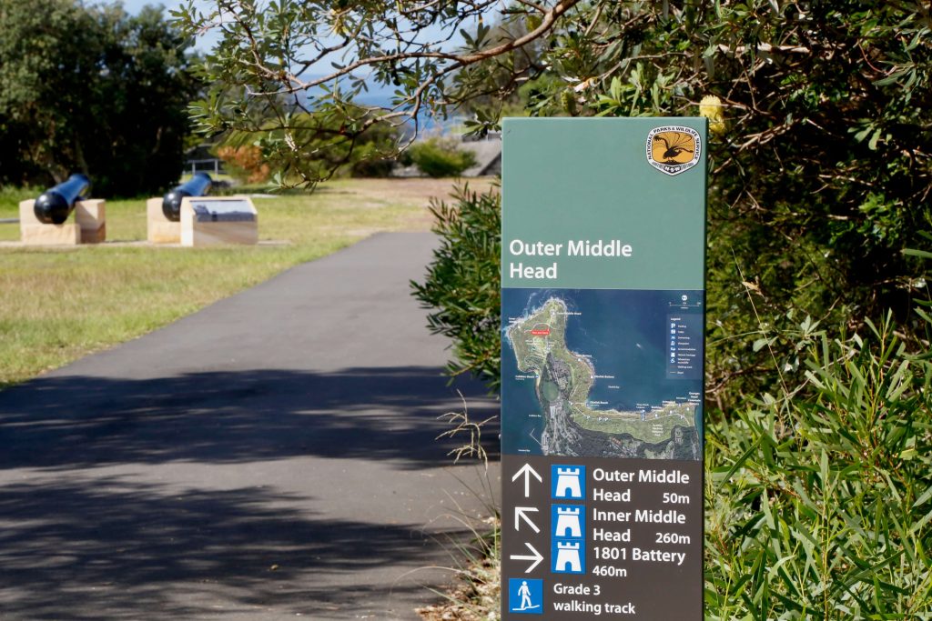 Sign at Outer Middle Head near the military forts