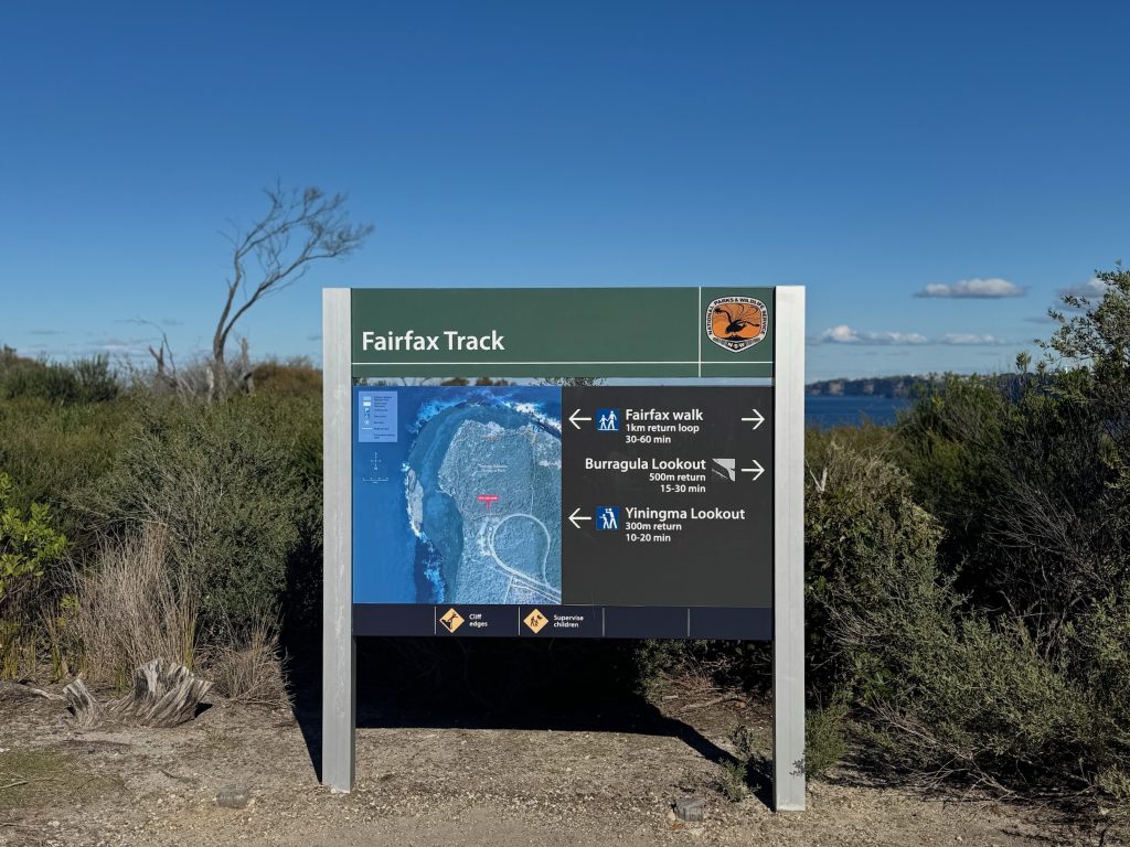 Fairfax Walk at North Head in Manly Fairfax Track sign at North Head in Manly