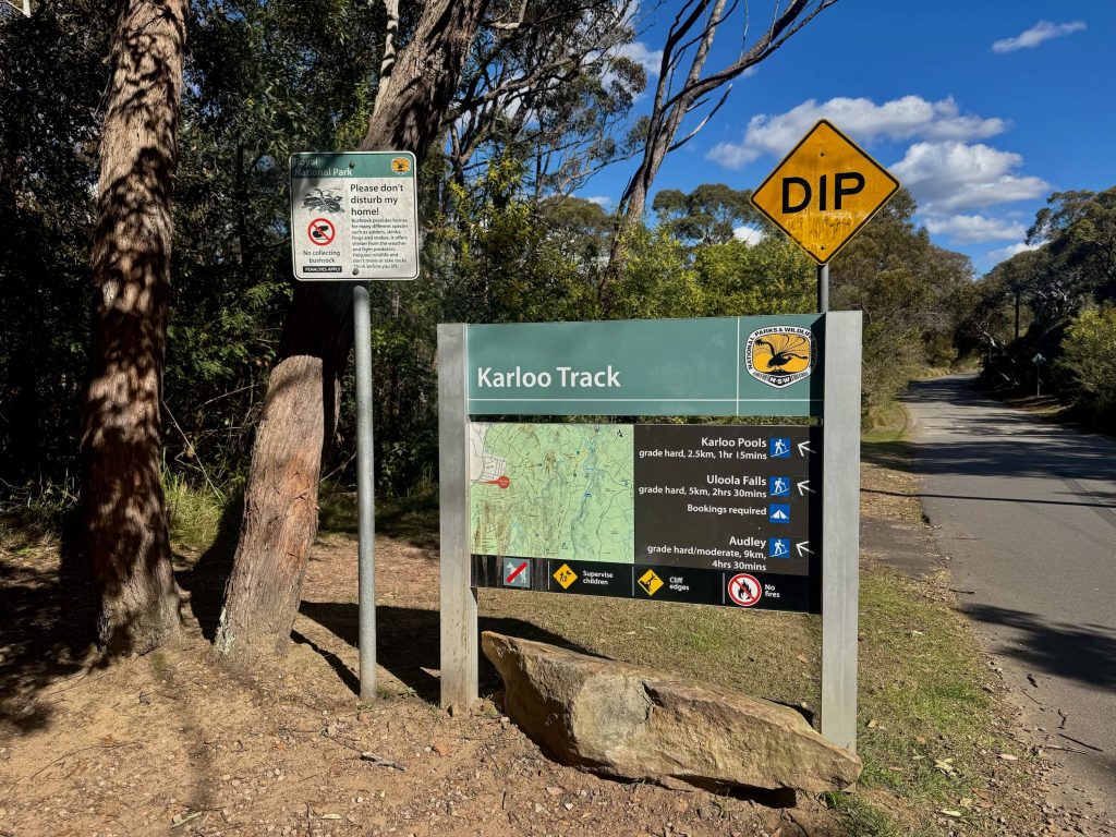 Karloo Pool and Uloola Falls Walk in Royal National Park Karloo track sign at Heathcote